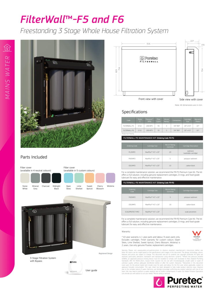 Puretec Filterwall Specifications