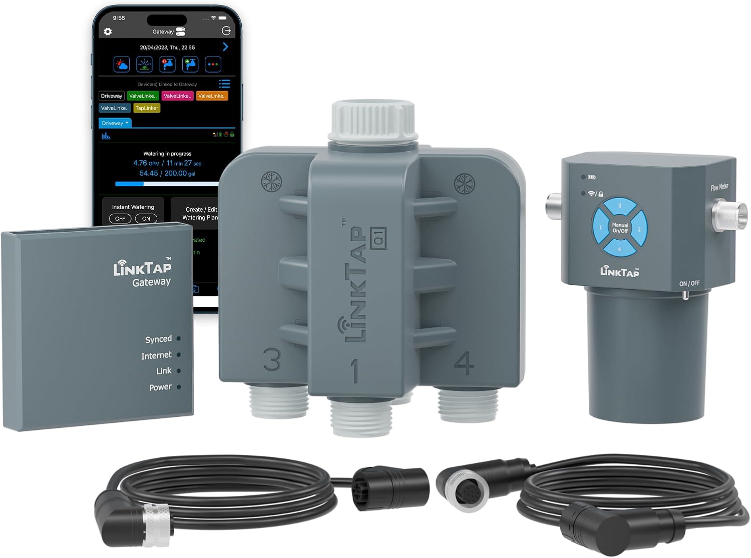 LinkTap Gateway & Q1 4-Zone Wireless Water Timer (with 4 built-in flow meters) & Connection Cables 1 LinkTap Q1 4 Zone Wireless Water Timer & Gateway